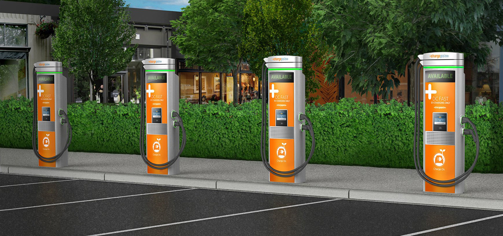 parking lot with 4 chargepoint charging station stands